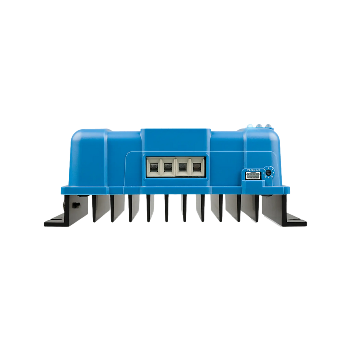 Victron SmartSolar MPPT 100/30 controller terminal end view with battery and solar connections above cooling fins.
