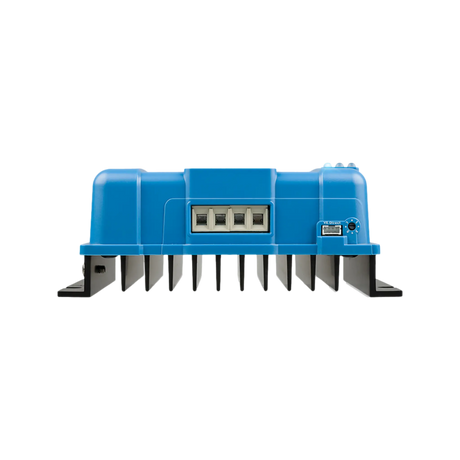 Victron SmartSolar MPPT 100/30 controller terminal end view with battery and solar connections above cooling fins.