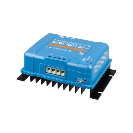 Victron SmartSolar MPPT 100/30 controller front right view with blue housing and mounting feet.