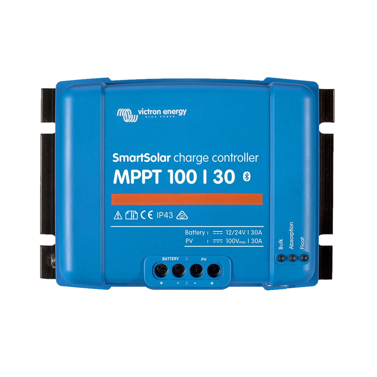 Victron SmartSolar MPPT 100/30 controller front view with model label and charging status lights.