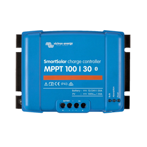Victron SmartSolar MPPT 100/30 controller front view with model label and charging status lights.