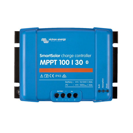 Victron SmartSolar MPPT 100/30 controller front view with model label and charging status lights.