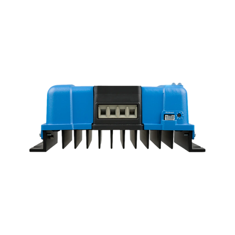 Victron SmartSolar MPPT 100/50 controller terminal end view with battery and solar connections above cooling fins.