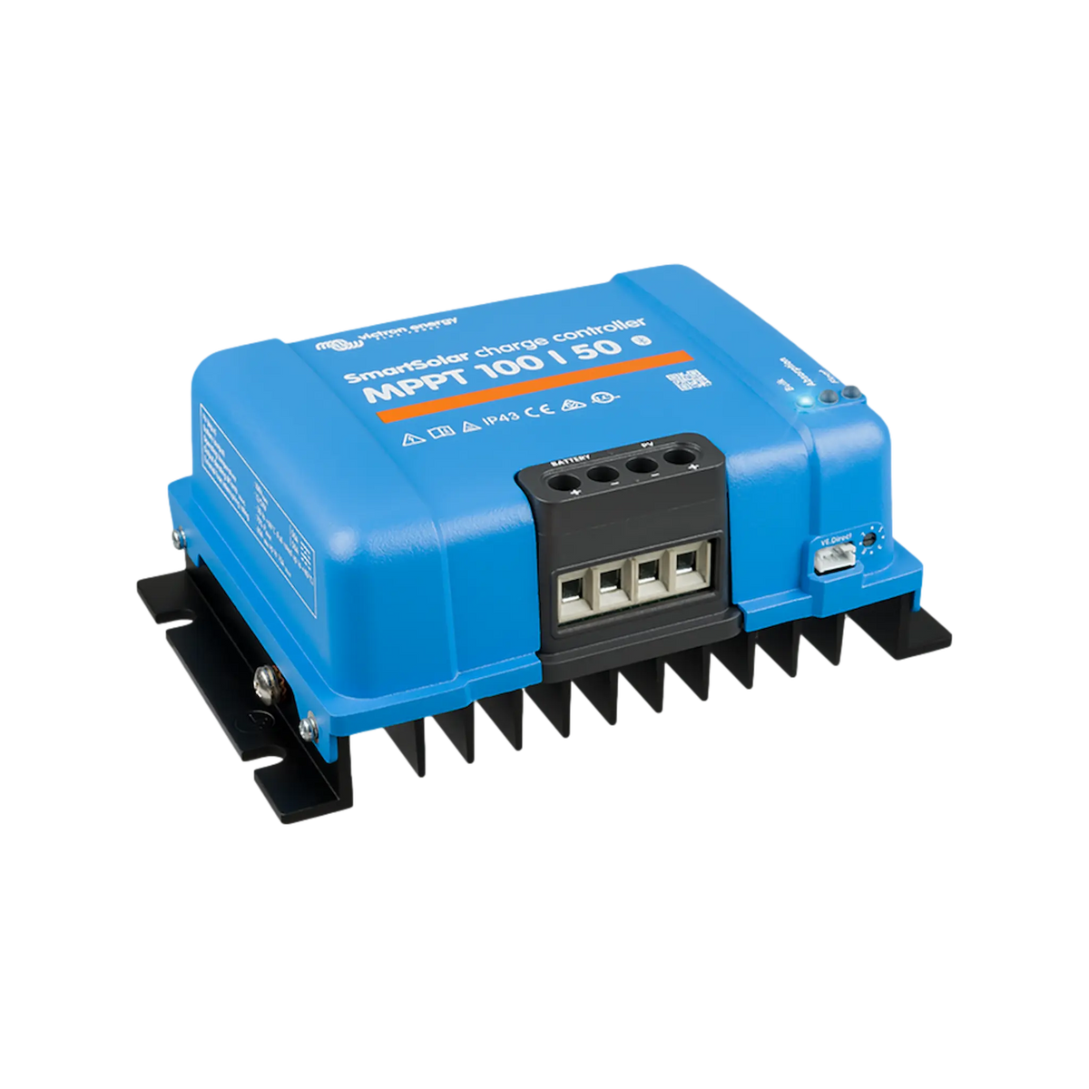 Victron SmartSolar MPPT 100/50 controller front left view with screw terminals and black cooling fins.