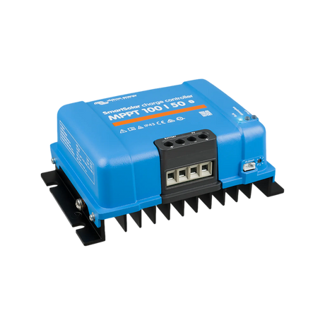 Victron SmartSolar MPPT 100/50 controller front left view with screw terminals and black cooling fins.