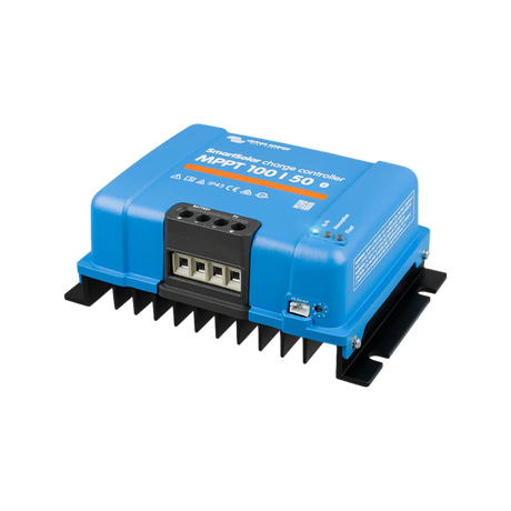 Victron SmartSolar MPPT 100/50 controller front right view with blue housing and mounting feet.