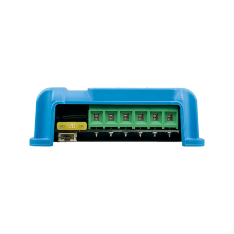 Victron SmartSolar MPPT 75/15 Bluetooth controller terminal end view with six green terminals and a 20A blade fuse.