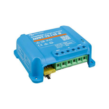 Victron SmartSolar MPPT 75/15 Bluetooth controller front left view with green terminals and a yellow blade fuse.