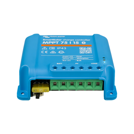 Victron SmartSolar MPPT 75/15 Bluetooth controller front view with battery, solar and load terminal markings.