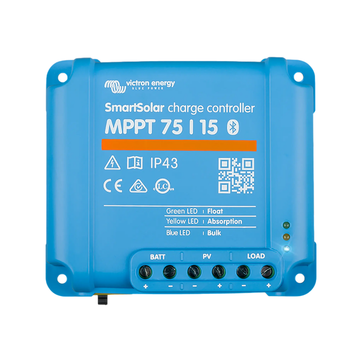 Victron SmartSolar MPPT 75/15 Bluetooth controller top view with terminal labels, indicator lights and mounting holes.
