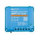Victron SmartSolar MPPT 75/15 Bluetooth controller top view with terminal labels, indicator lights and mounting holes.