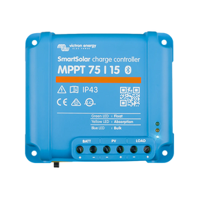 Victron SmartSolar MPPT 75/15 Bluetooth controller top view with terminal labels, indicator lights and mounting holes.
