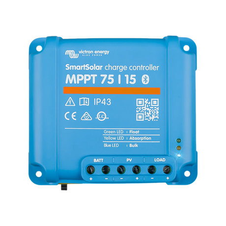 Victron SmartSolar MPPT 75/15 Bluetooth controller top view with terminal labels, indicator lights and mounting holes.