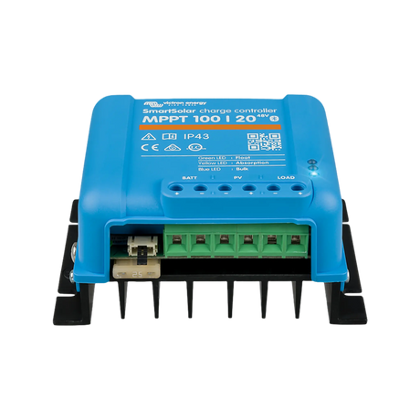 Victron SmartSolar MPPT 100/20 controller terminal end view with green connectors and black cooling fins.