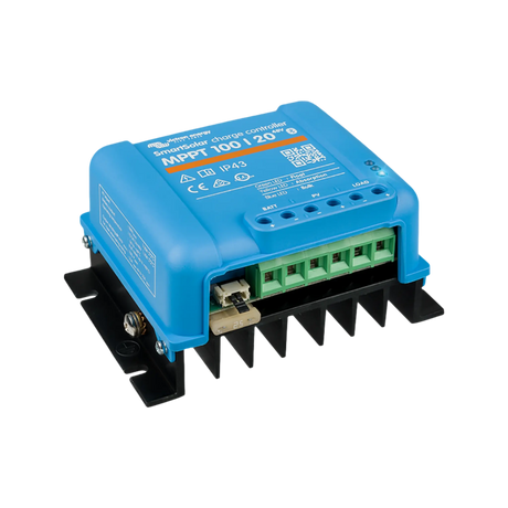 Victron SmartSolar MPPT 100/20 controller front left view with screw terminals and blue housing.