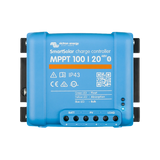 Victron SmartSolar MPPT 100/20 controller front view with labelled battery, solar and load connections.
