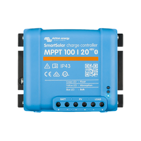 Victron SmartSolar MPPT 100/20 controller front view with labelled battery, solar and load connections.
