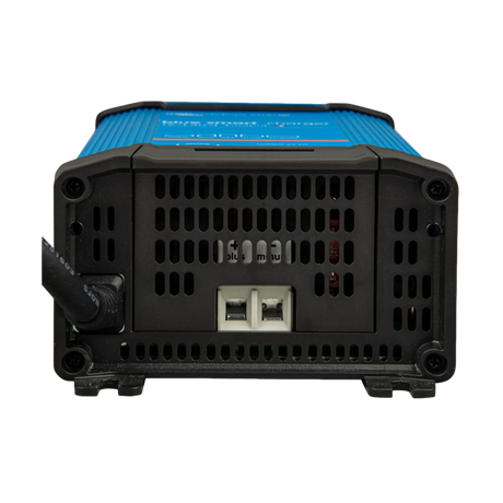 Victron 15A 12V Blue Smart IP22 charger terminal end view with ventilation slots and output terminals.