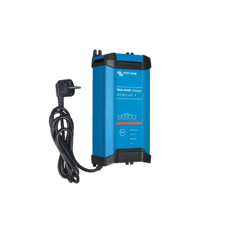 Victron 15A 12V Blue Smart IP22 charger front left view with a ribbed blue casing and black end caps.