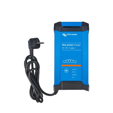 Victron 15A 12V battery charger front view with a Blue Power label and coiled mains lead.