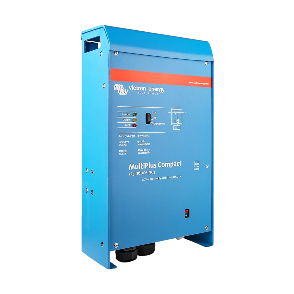 Victron MultiPlus Compact 1600W/70A 12V inverter charger in a front-left angled view.