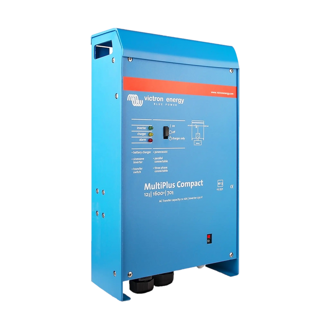 Victron MultiPlus Compact 1600W/70A 12V inverter charger in a front-left angled view.