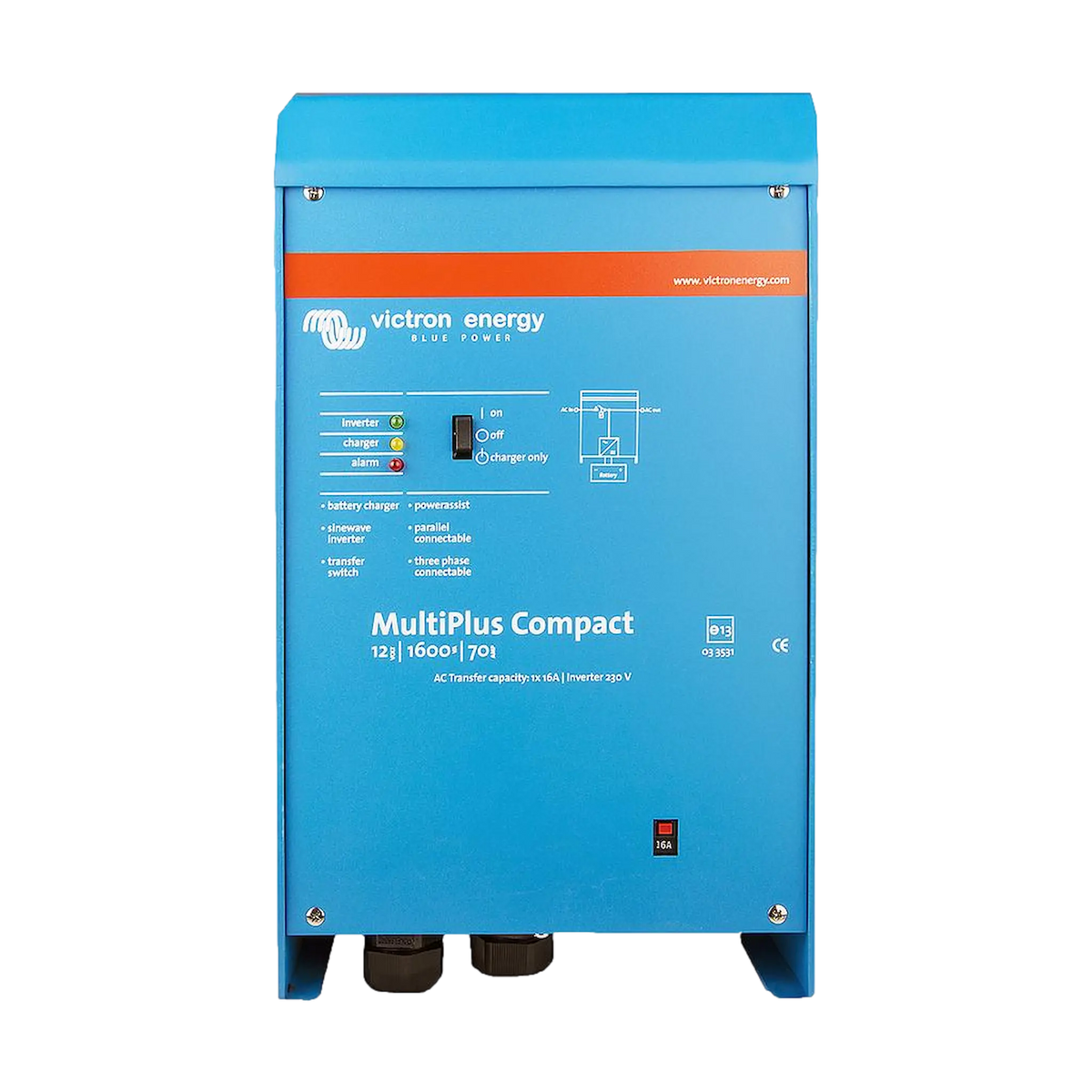 Victron MultiPlus Compact 1600W/70A 12V inverter charger front view with status lights and control switch.