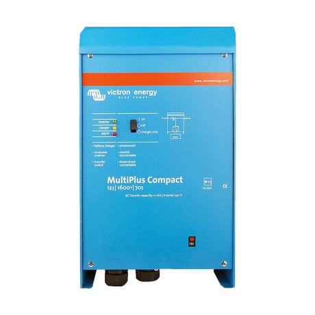 Victron MultiPlus Compact 1600W/70A 12V inverter charger front view with status lights and control switch.