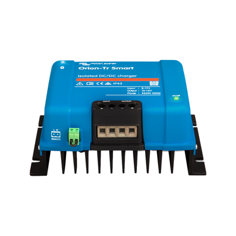 Victron Orion-Tr Smart isolated DC-DC battery charger front terminal and heat sink view.