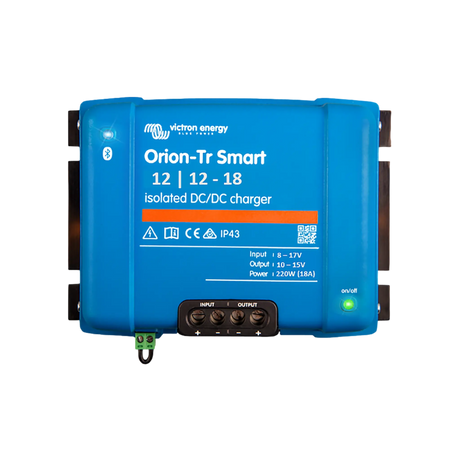 Victron Orion-Tr Smart 18A 12V isolated DC-DC battery charger top view with terminal block and status light.