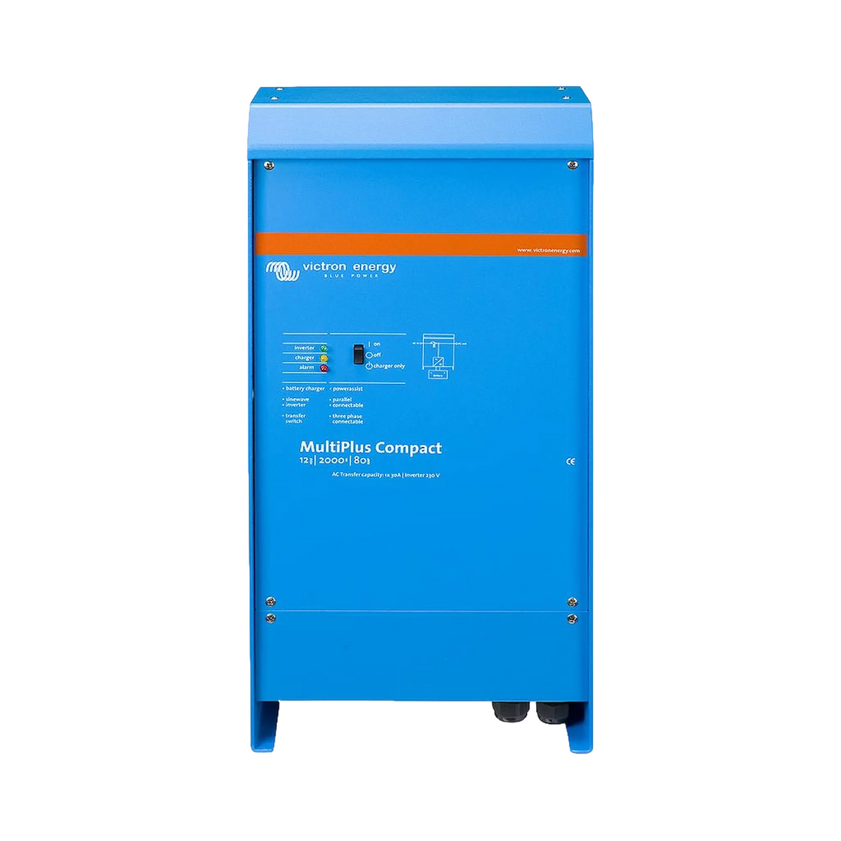 Victron MultiPlus Compact 2000W/80A 12V inverter charger in a straight front view.