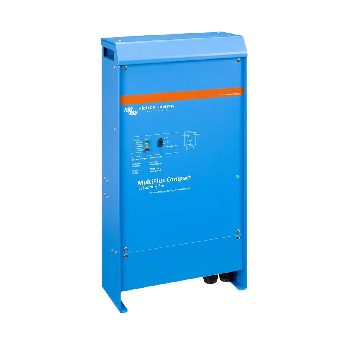 Victron MultiPlus Compact 2000W/80A 12V inverter charger in a front-left angled view.