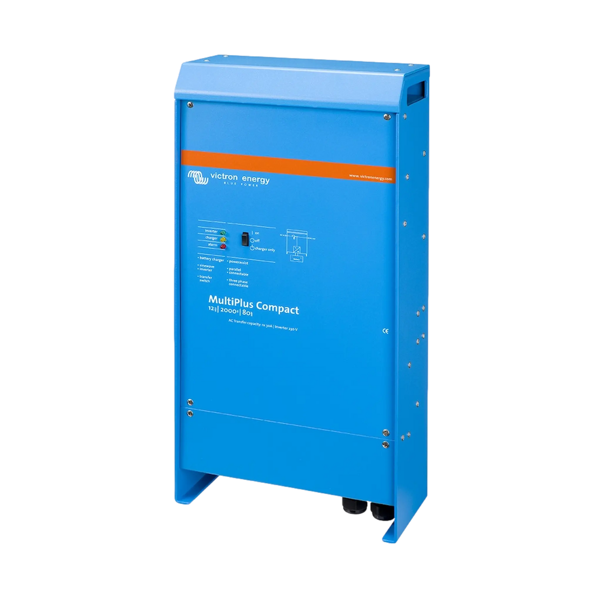Victron MultiPlus Compact 2000W/80A 12V inverter charger in a front-right angled view.
