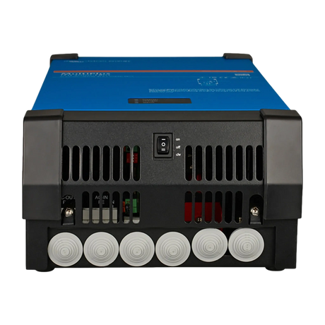 Victron MultiPlus 2000W/80A 12V inverter charger connection panel with power switch.