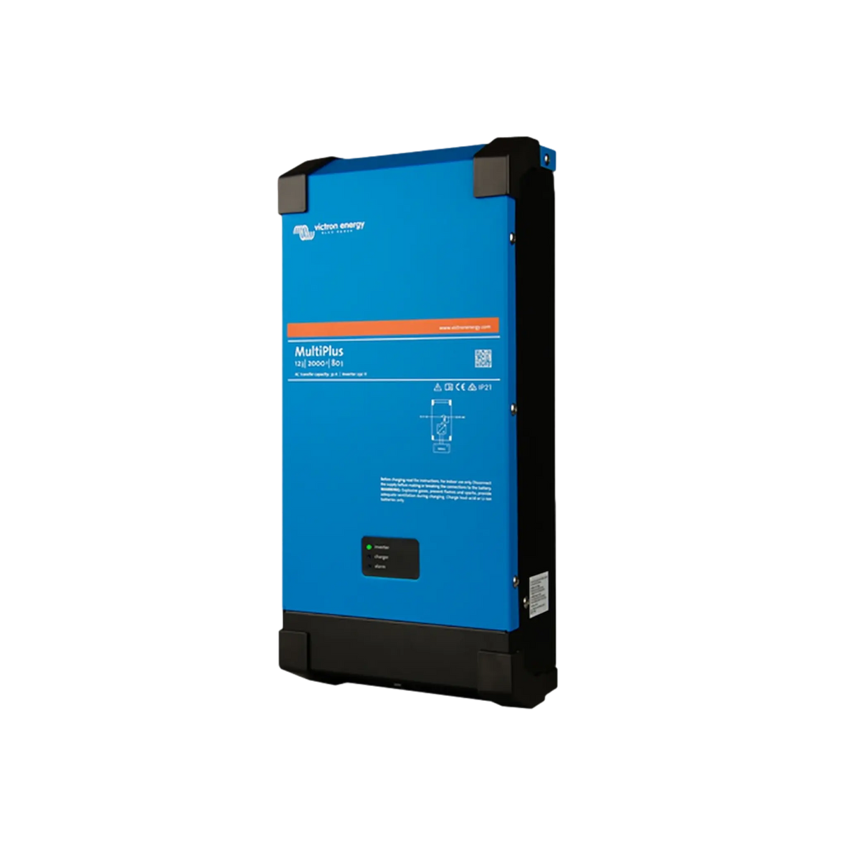 Victron MultiPlus 2000W/80A 12V inverter charger front-right angle view.
