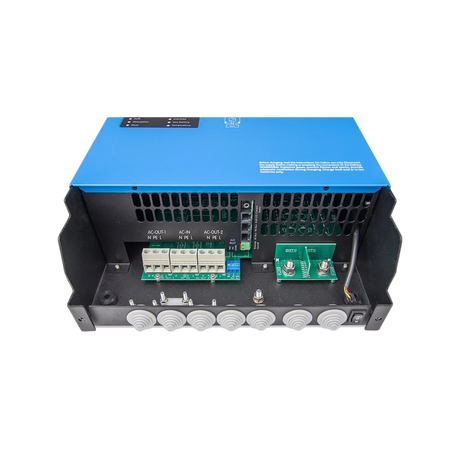 Victron MultiPlus-II 3000W/120A 12V inverter charger bottom connection panel and cable entries.