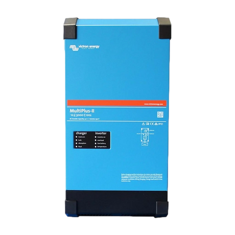 Victron MultiPlus-II 3000W/120A 12V inverter charger straight front view with status panel.