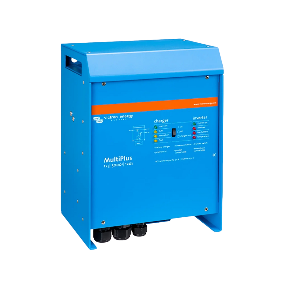 Victron MultiPlus 3000W/120A 12V inverter charger front-left angle view.