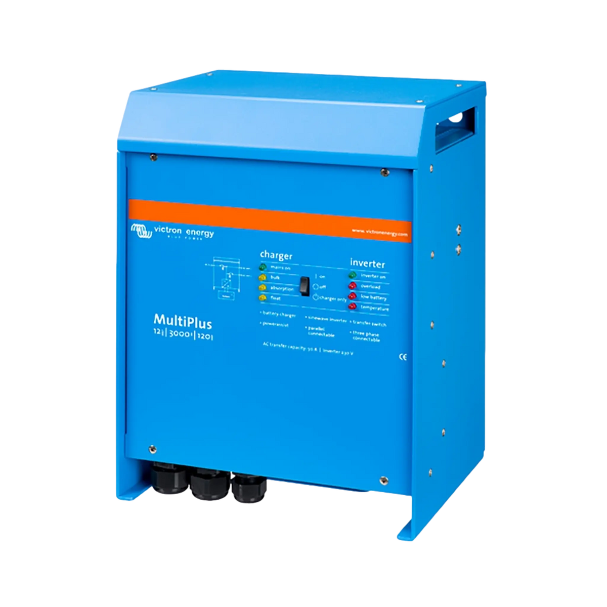 Victron MultiPlus 3000W/120A 12V inverter charger front-right angle view.