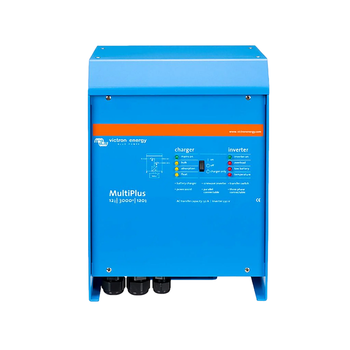 Victron MultiPlus 3000W/120A 12V inverter charger straight front view with charger and inverter lights.