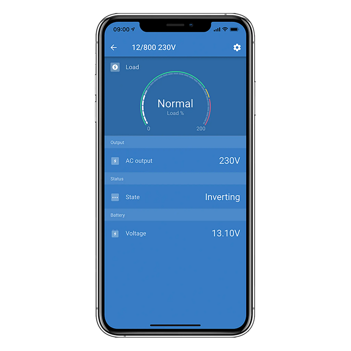 VictronConnect app screen for Smart Phoenix inverters with load, AC output and battery voltage status.