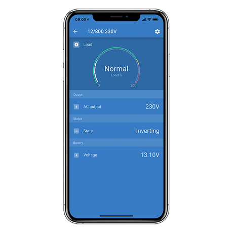 VictronConnect app screen for Smart Phoenix inverters with load, AC output and battery voltage status.