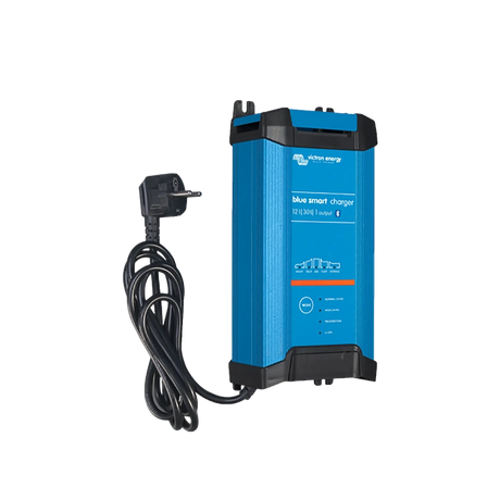Victron 30A 12V Blue Smart IP22 single output charger front left view with blue casing and black end caps.