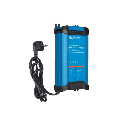 Victron 30A 12V Blue Smart IP22 triple output charger front left view with blue casing and black end caps.