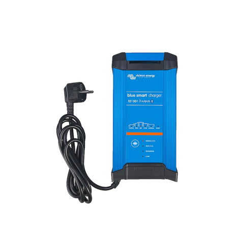 Victron 30A 12V Blue Smart IP22 triple output charger front view with a coiled mains lead.