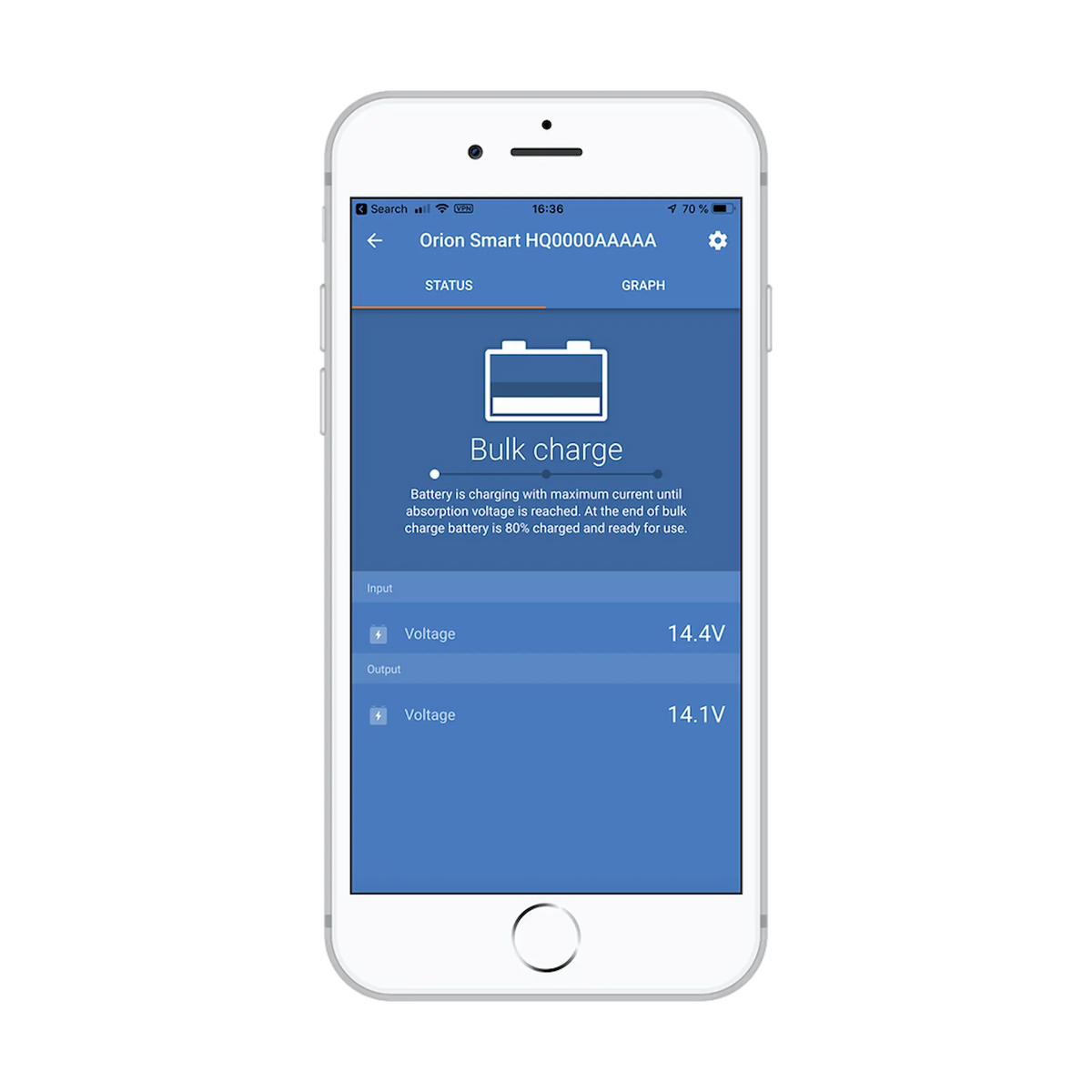 VictronConnect app screen for the Orion-Tr Smart charger with bulk charge and input and output voltage.