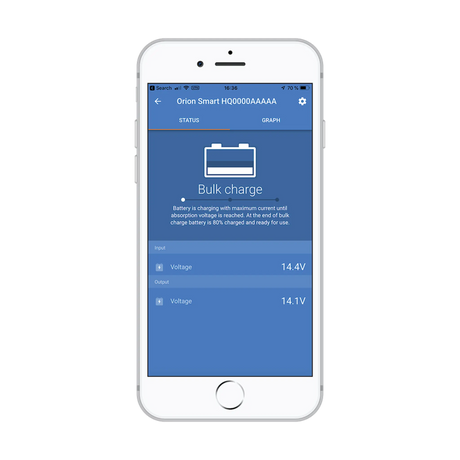 VictronConnect app screen for the Orion-Tr Smart charger with bulk charge and input and output voltage.