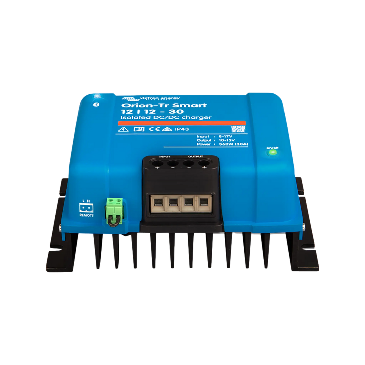 Victron Orion-Tr Smart 30A 12V isolated DC-DC battery charger front terminal and heat sink view.