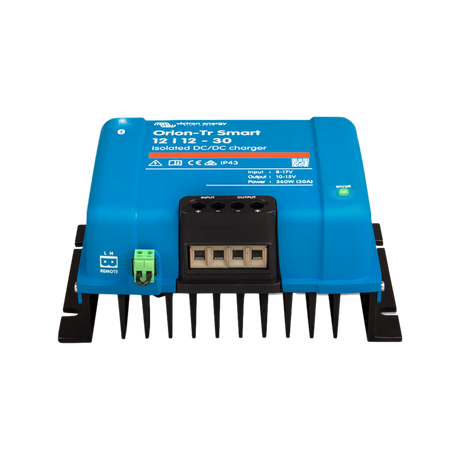 Victron Orion-Tr Smart 30A 12V isolated DC-DC battery charger front terminal and heat sink view.