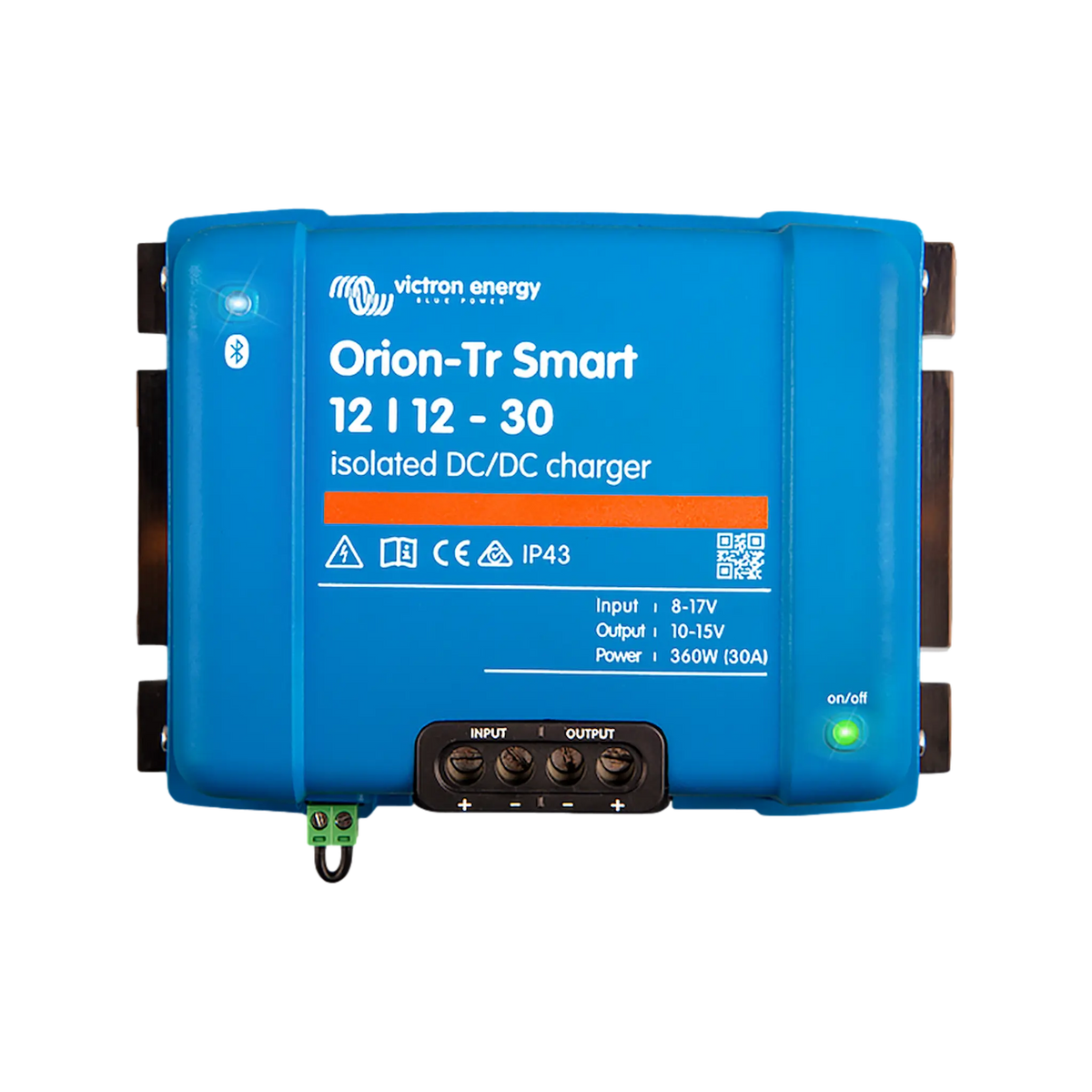 Victron Orion-Tr Smart 30A 12V isolated DC-DC battery charger top view with terminal block and status light.